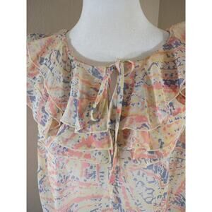 Cabi Blouse Sheer Ruffle Neck Pink Sleeveless Sz XL Peasant Cottage Beach
